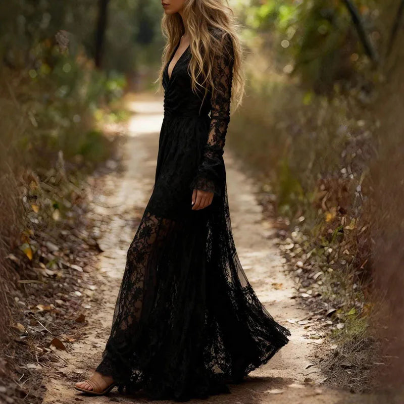 New Deep V Neck Embroidery Lace Woman Dress Spring Hollow Out High Waist Crochet Dresses Autumn Flare Sleeve Jacquard Long Dress