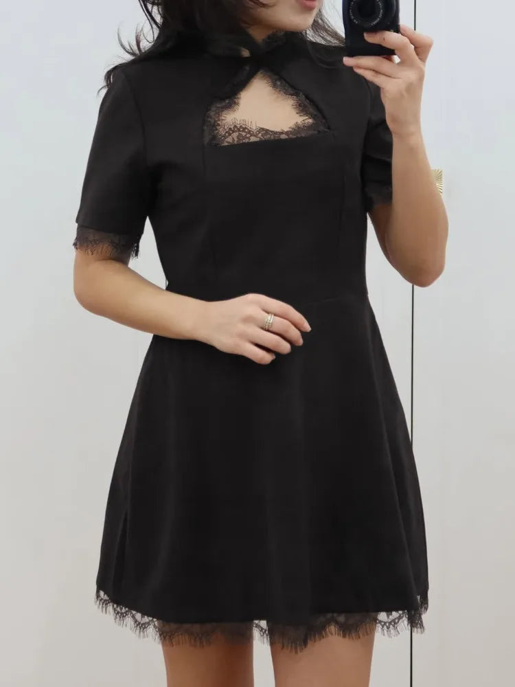 Black Lace Hollow Out Mini Dress