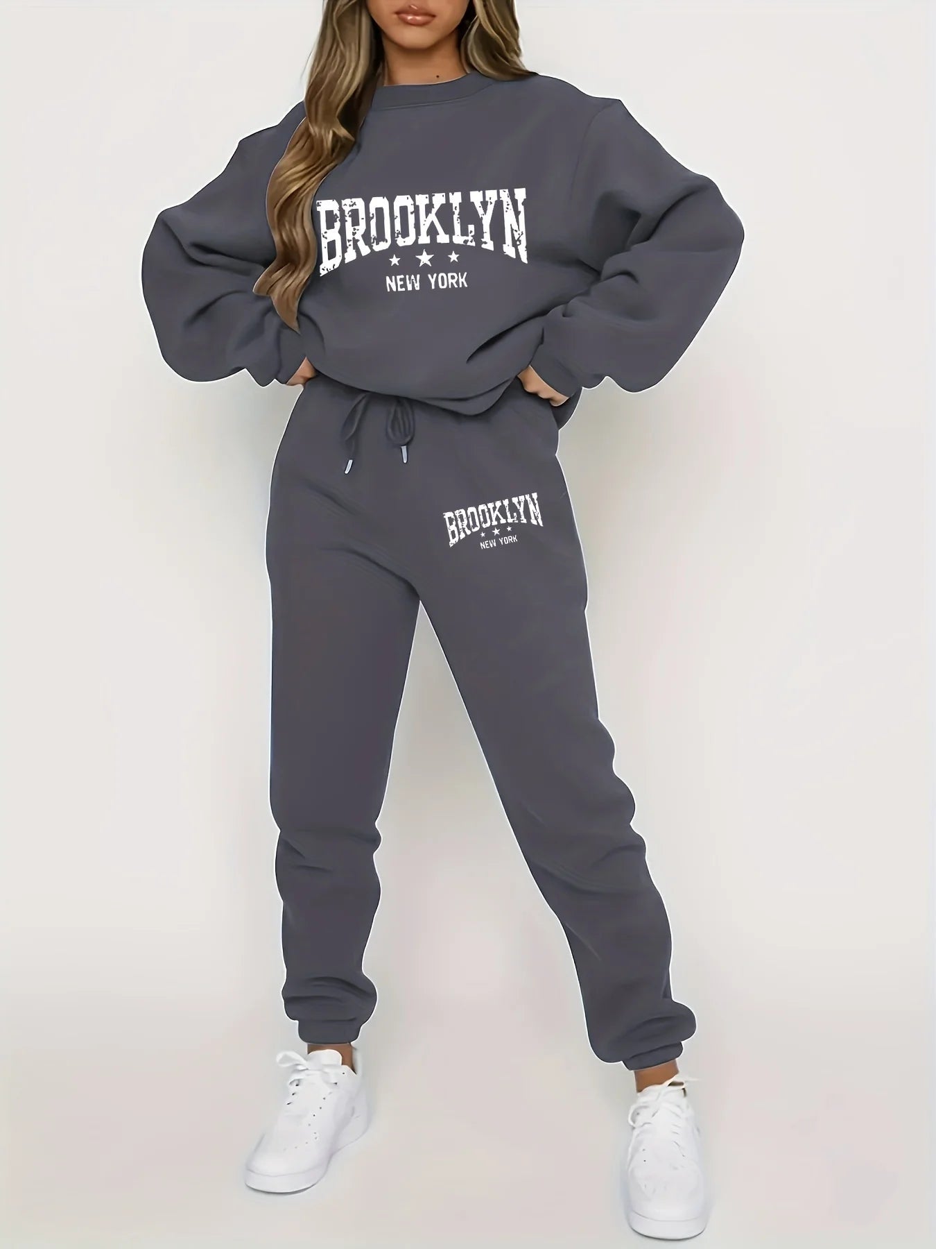 Women's autumn and winter casual Brooklyn New York letter printed round neck sweatshirt+sweatpants set warm clothing