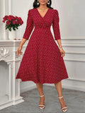 Women's Burgundy White Polka Dot Midi Dress V-Neck 3/4 Sleeves A-Line Spring Summer Elegant Vintage Daily Party Dress