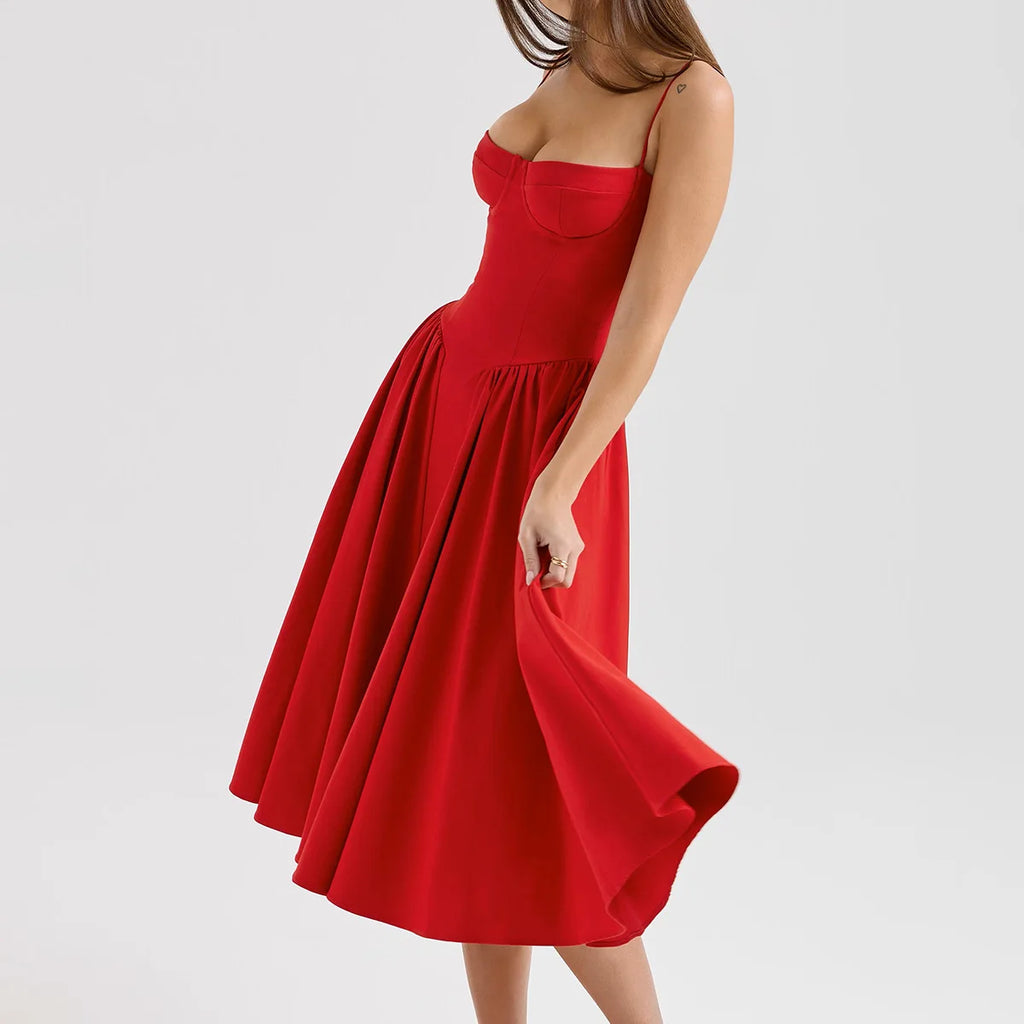 Elegant Midi Dress Red Night Date Dress