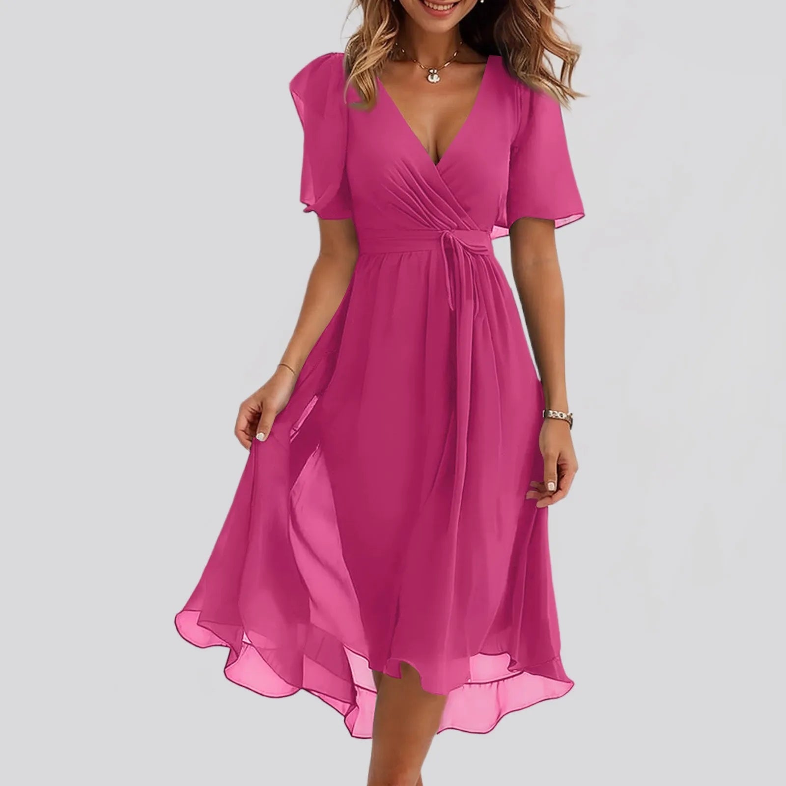 Daily Casual Fashion Wrinkles V-Neck Waist Cinching A-Line Zipper Dress Lightweight Comfy Vacation Dress