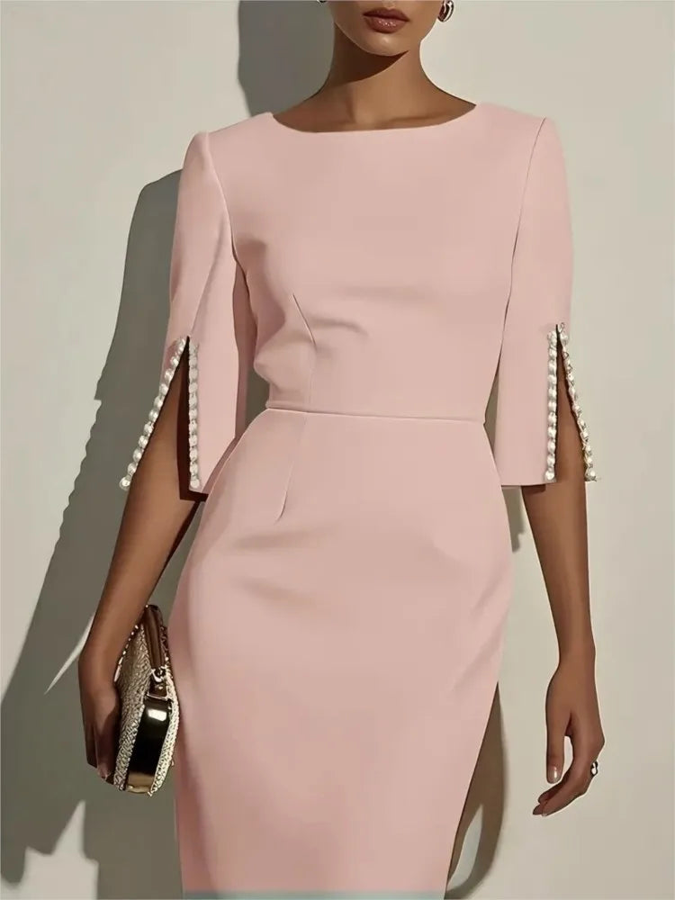 Elegant O-neck Half-sleeved Dress For Women Fashion Spring Summer Solid Color Pearl Design Waist-hugging