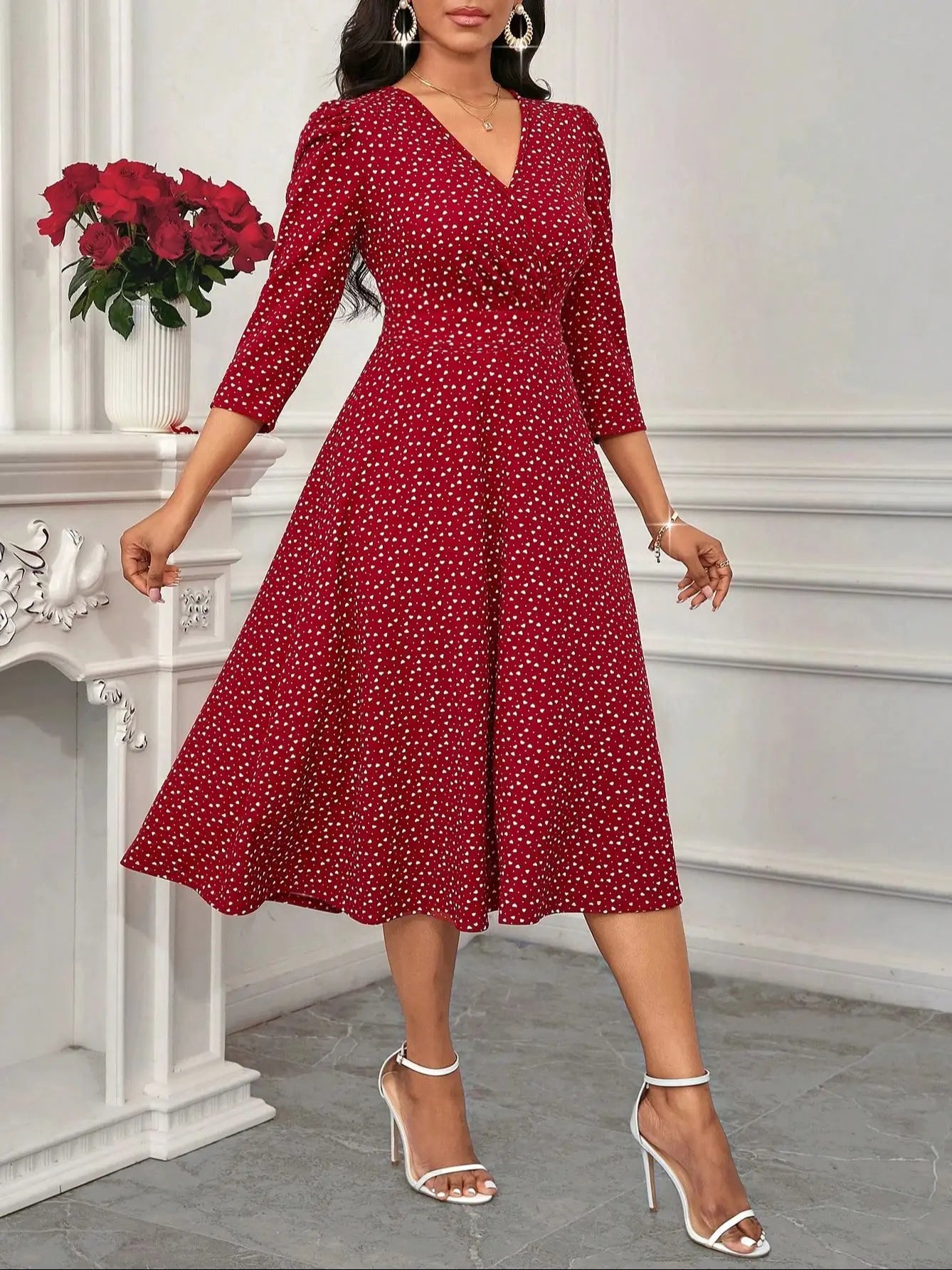 Women's Burgundy White Polka Dot Midi Dress V-Neck 3/4 Sleeves A-Line Spring Summer Elegant Vintage Daily Party Dress