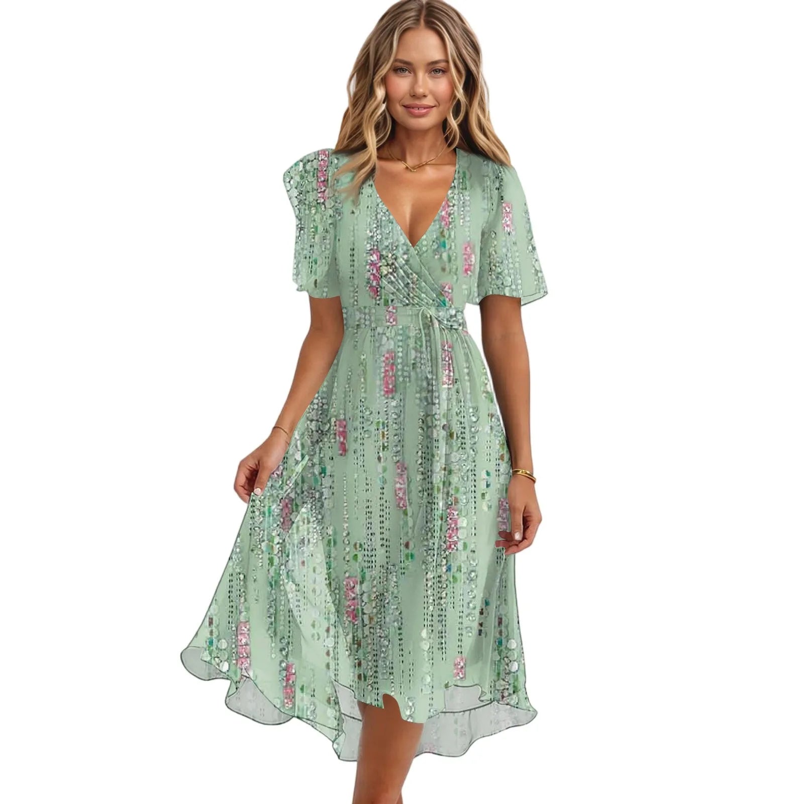 Daily Casual Fashion Wrinkles V-Neck Waist Cinching A-Line Zipper Dress Lightweight Comfy Vacation Dress