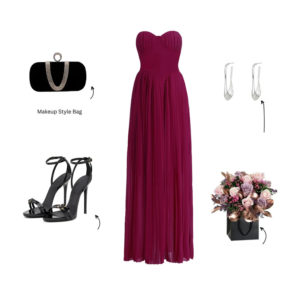 Suninheart Elegant Pleated Strapless Dresses Women Chiffon Maxi Corset Dress Long Evening Prom Party Dress Holiday