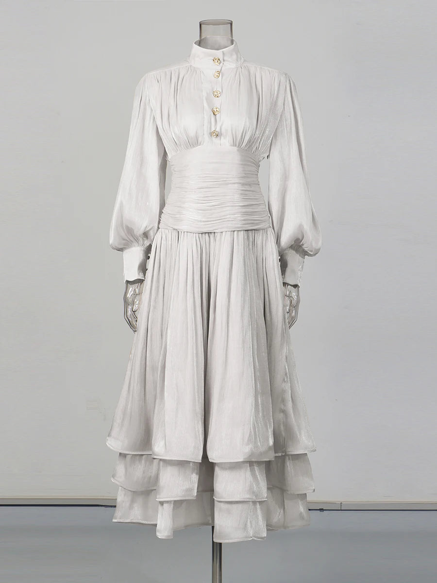 Solid Spliced Metal Buttons Temperament Long Dresses for Women High Neck Long Sleeves Patchwork Folds Dress Female