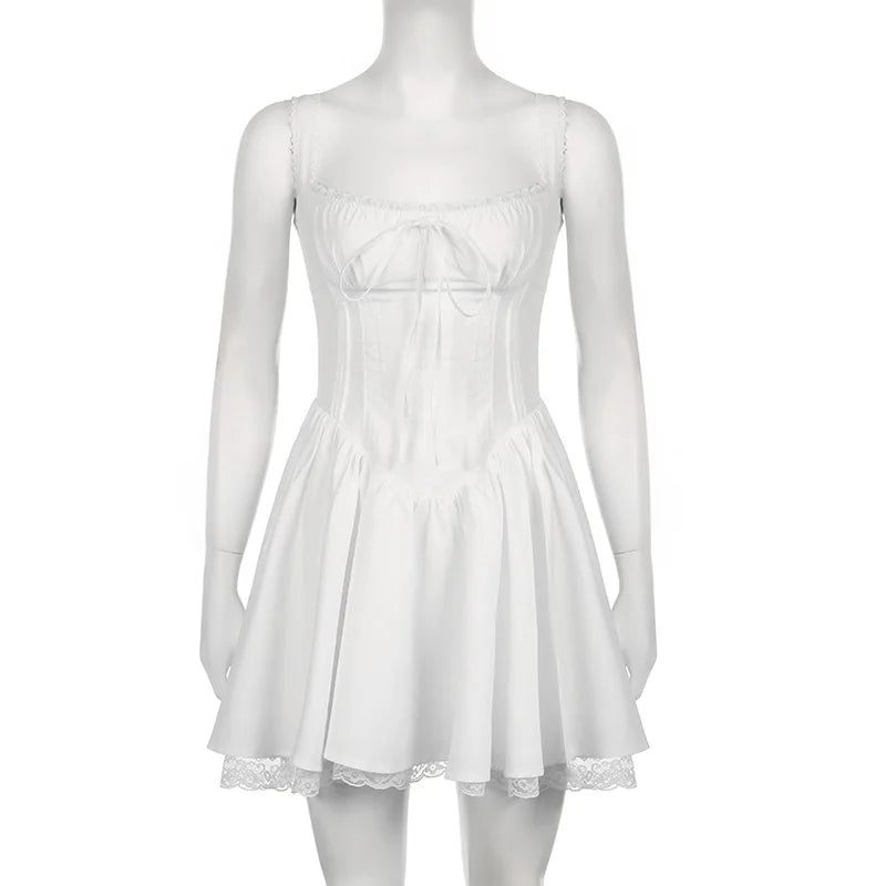 Sleeveless Mini Corset Dress with Lace Panel, A-line Dress, Elegant and Sweet, White, High Quality,l