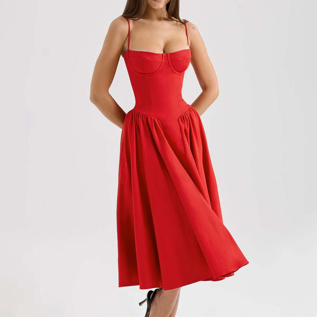 Elegant Midi Dress Red Night Date Dress