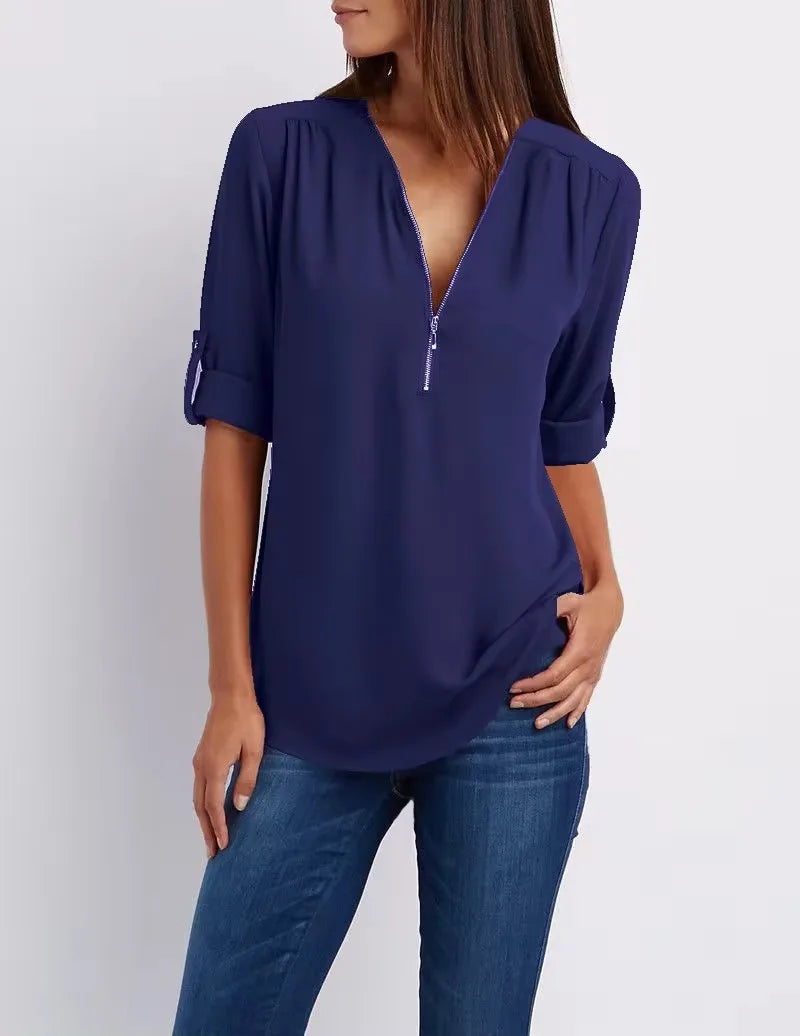 Women Cool Loose Shirt Deep V Neck Chiffon Fashion Blouse Casual Ladies Tops Sexy Zipper Pullover Plus Size