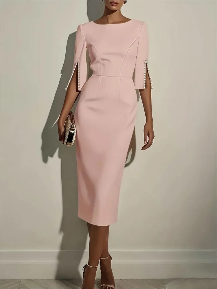 Elegant O-neck Half-sleeved Dress For Women Fashion Spring Summer Solid Color Pearl Design Waist-hugging