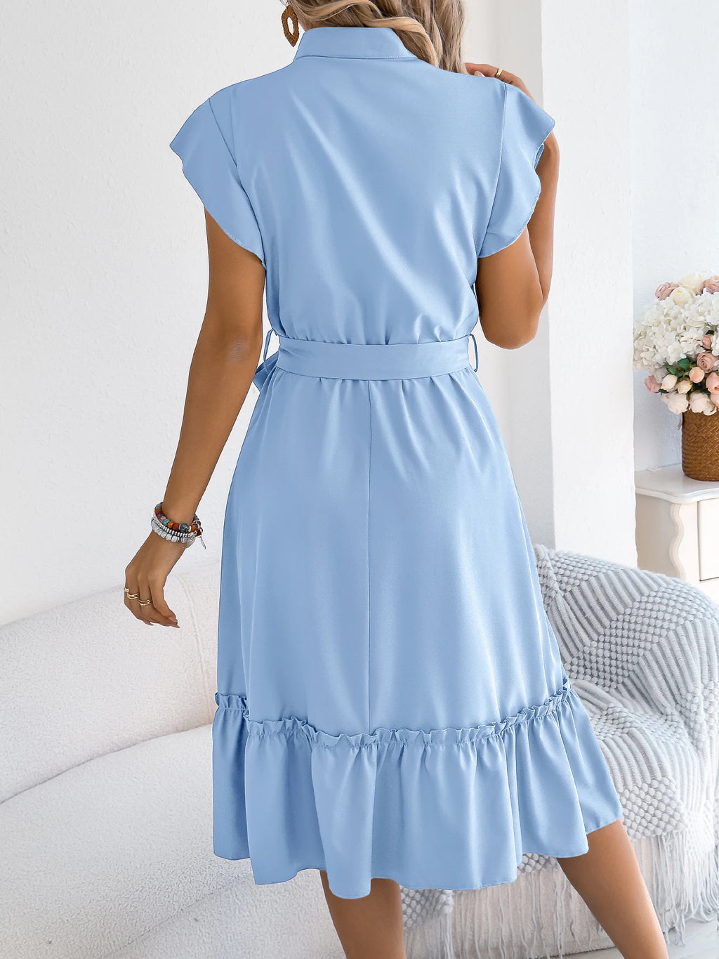 Casual Summer Woman Dress Solid Color Single Breasted Ruffle Edge Short Sleeved Dresses With Belt Khaki Blue Green