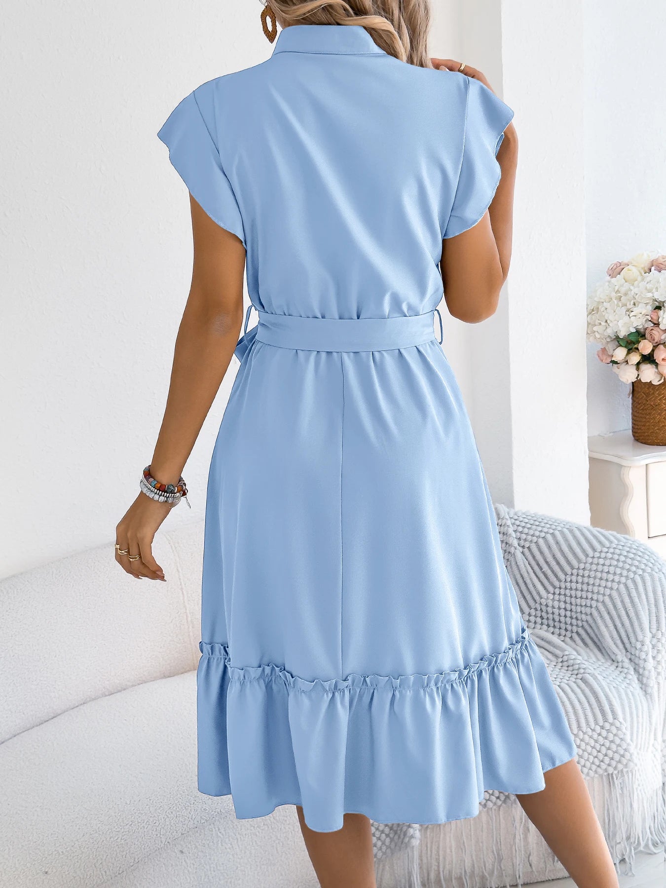 Casual Summer Woman Dress Solid Color Single Breasted Ruffle Edge Short Sleeved Dresses With Belt Khaki Blue Green