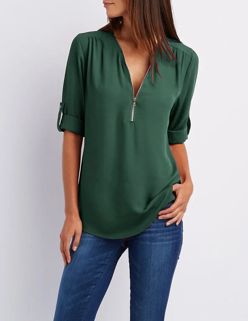 Women Cool Loose Shirt Deep V Neck Chiffon Fashion Blouse Casual Ladies Tops Sexy Zipper Pullover Plus Size
