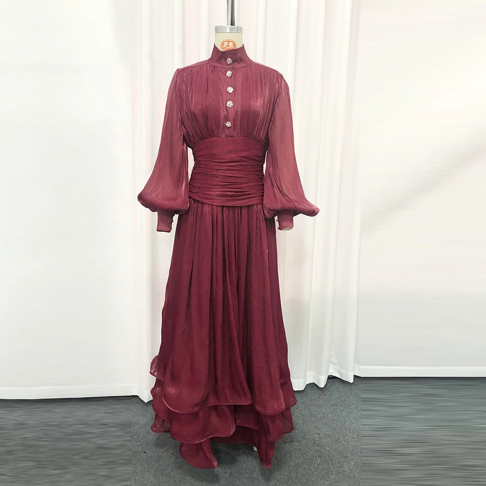 Solid Spliced Metal Buttons Temperament Long Dresses for Women High Neck Long Sleeves Patchwork Folds Dress Female