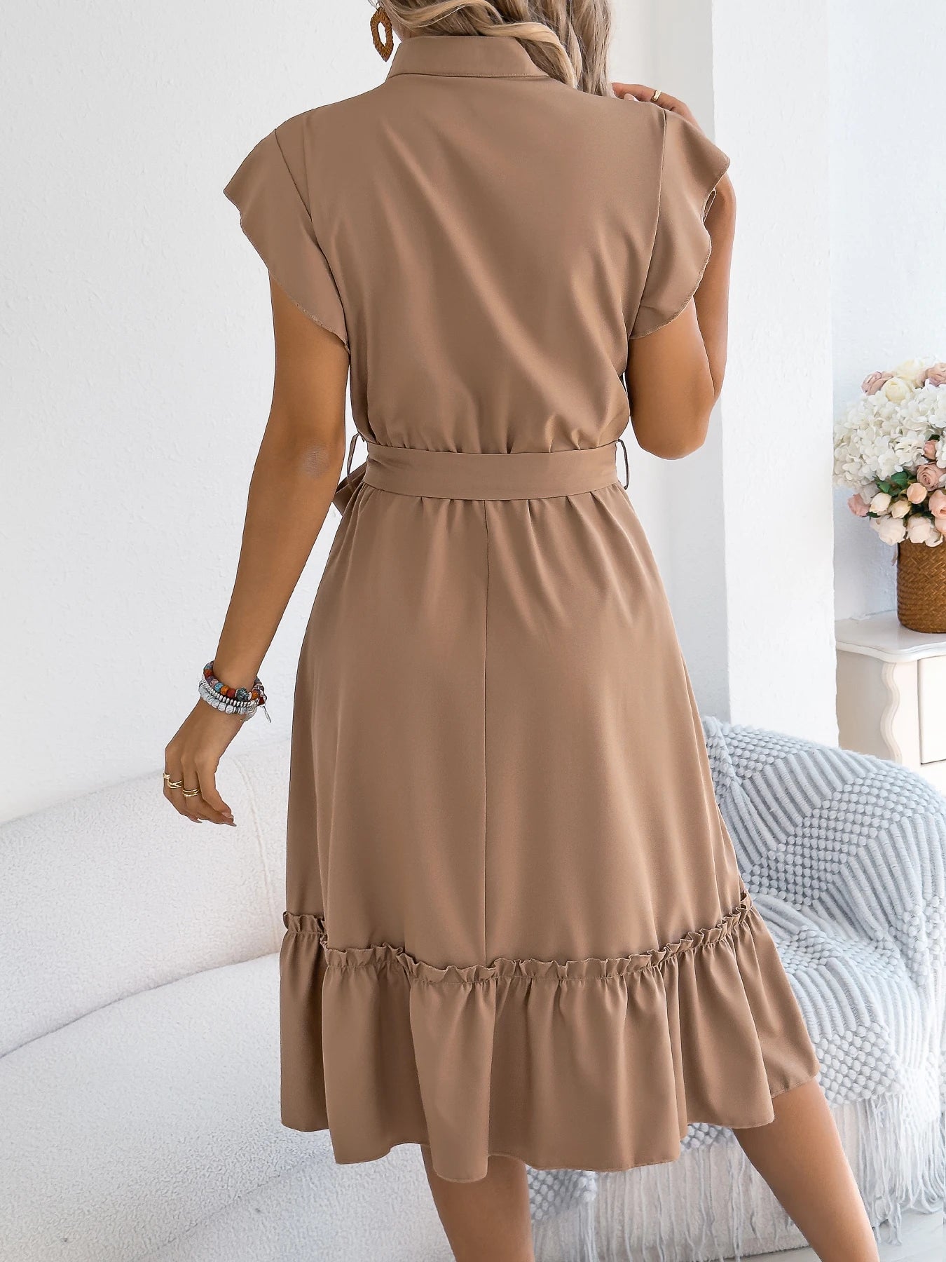 Casual Summer Woman Dress Solid Color Single Breasted Ruffle Edge Short Sleeved Dresses With Belt Khaki Blue Green