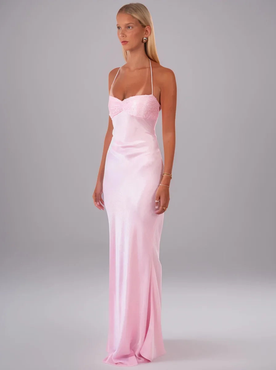 Sequin Vestidos Solid Color Backless Strappy Hip Evening Dress Elegant Simple Style