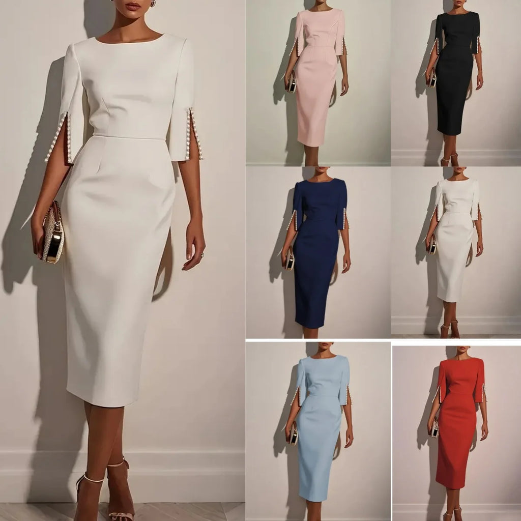 Elegant O-neck Half-sleeved Dress For Women Fashion Spring Summer Solid Color Pearl Design Waist-hugging