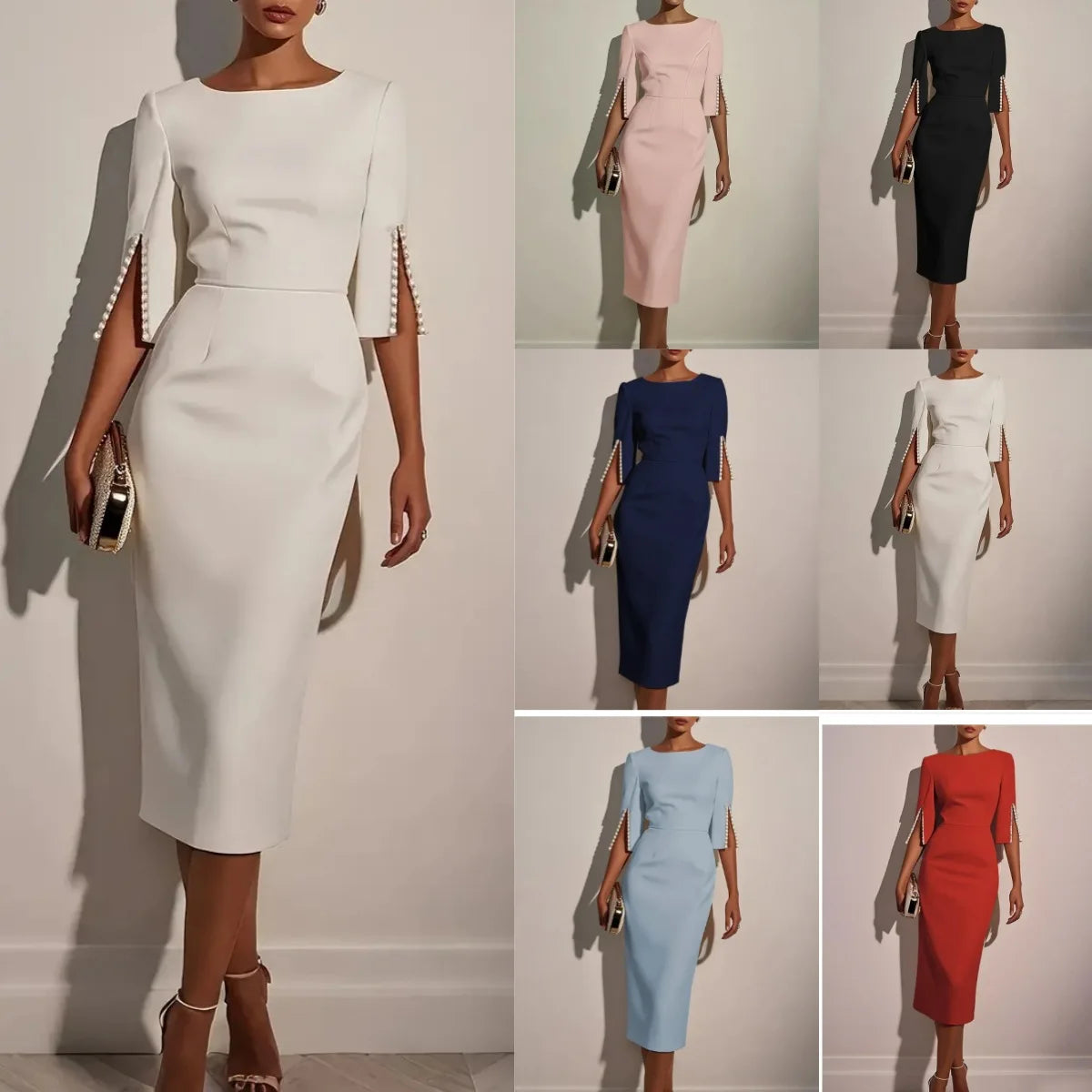 Elegant O-neck Half-sleeved Dress For Women Fashion Spring Summer Solid Color Pearl Design Waist-hugging