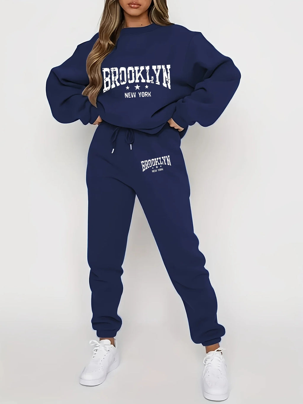 Women's autumn and winter casual Brooklyn New York letter printed round neck sweatshirt+sweatpants set warm clothing