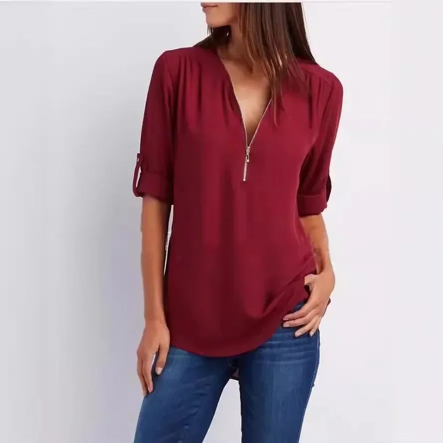 Women Cool Loose Shirt Deep V Neck Chiffon Fashion Blouse Casual Ladies Tops Sexy Zipper Pullover Plus Size