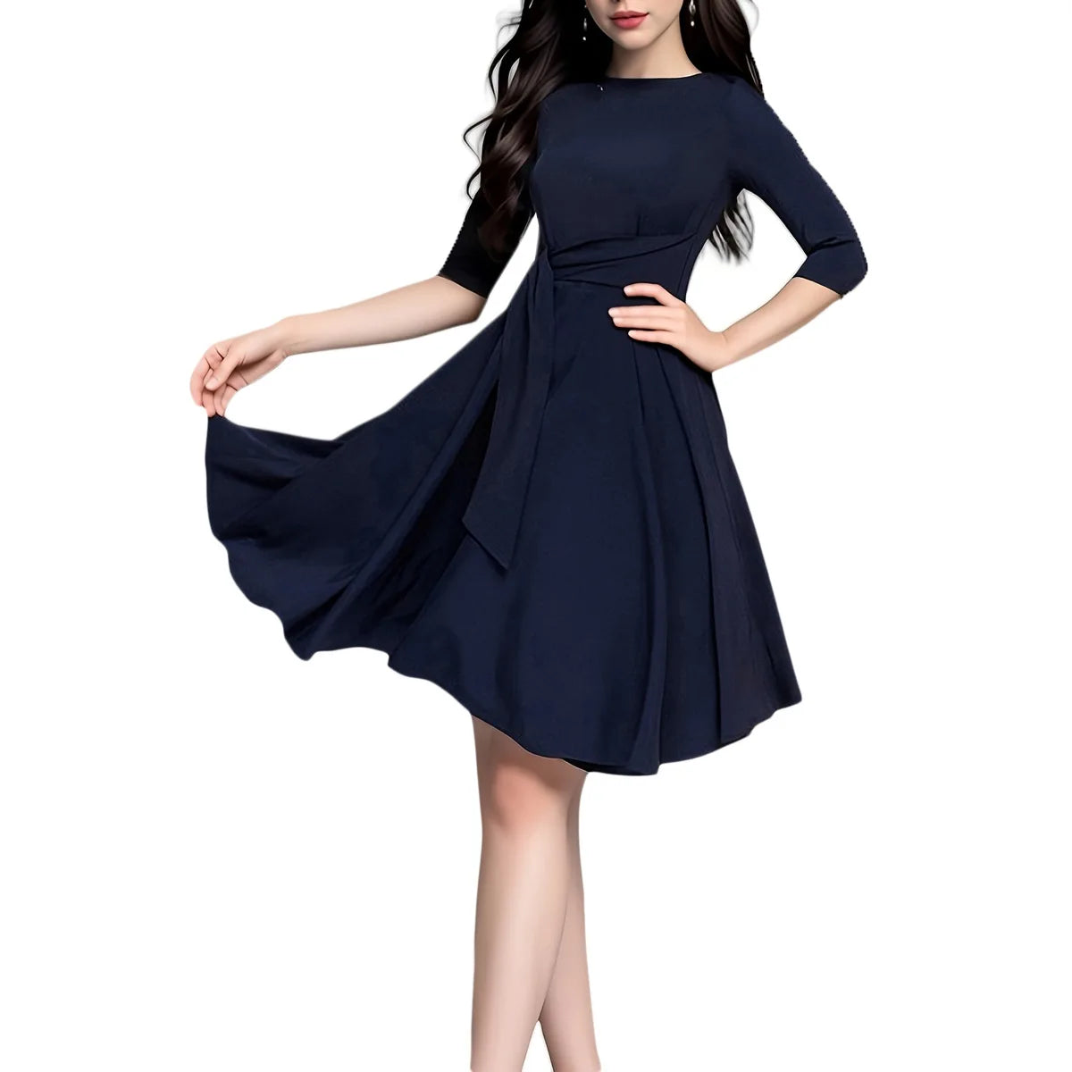 A-Line Swing Knee-Length Short Sleeve Belt Waist Retro Skirts Round Neck Waist Tie Lace-up Maxi Dress