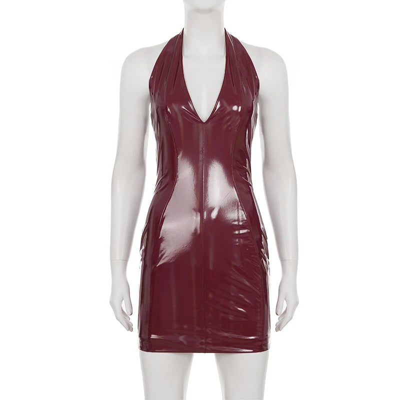 Leather Bodycon Dress Slim-Deep V-Neck Sleeveless Backless Mini Dress