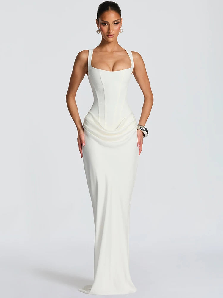 Elegant Square Collar Sleeveless Skinny Ruched Club Party Long Dress
