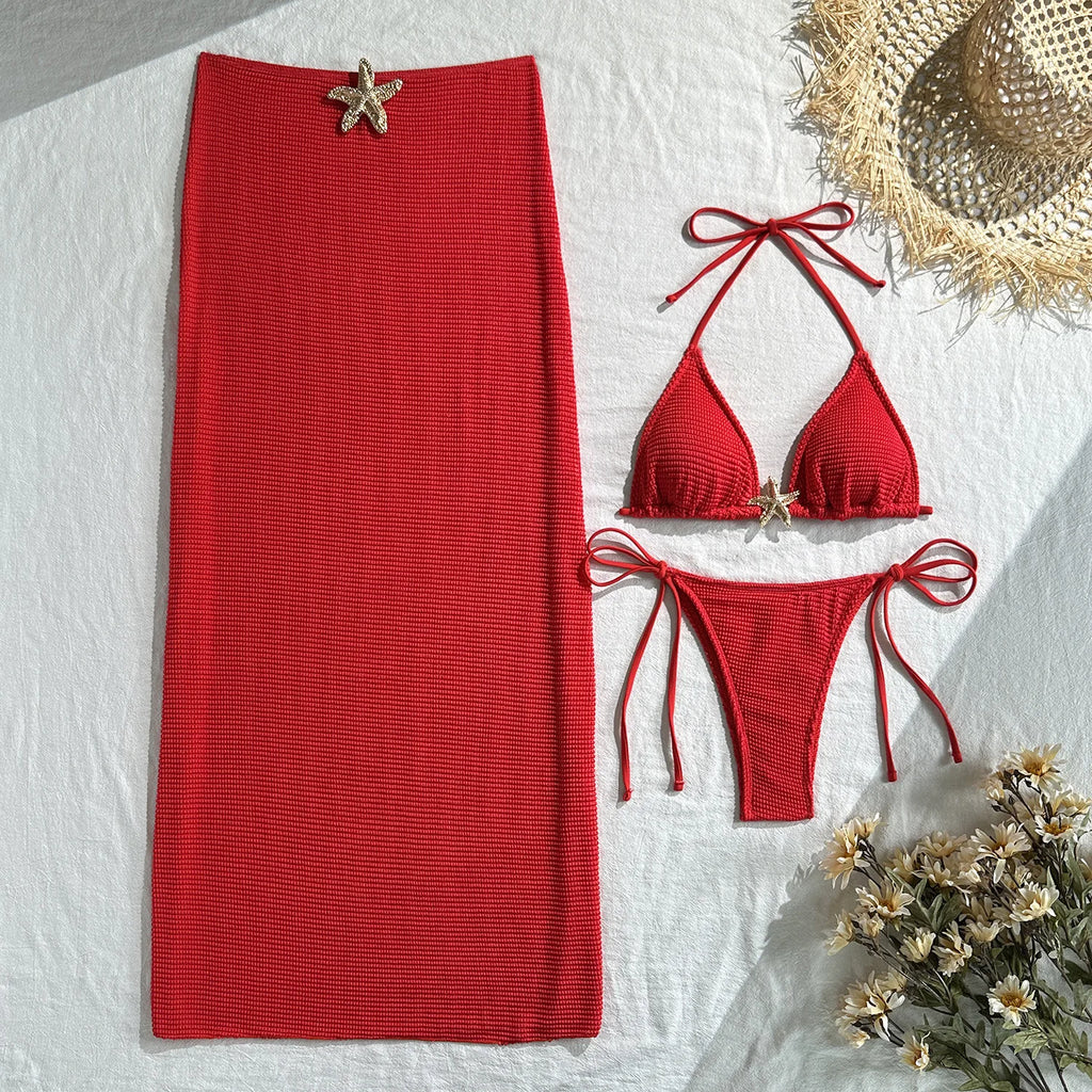 2025 new solid color mesh long skirt split swimsuit swimsuit three-piece set bikini