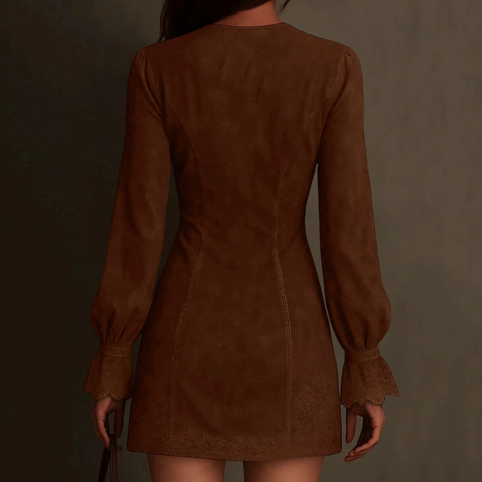 Suede V-Neck Zipper Lace Dress Long Sleeve Solid Color Vintage Mini Dress Trendy Chic Casual Retro Trim Stylish Outing Dress