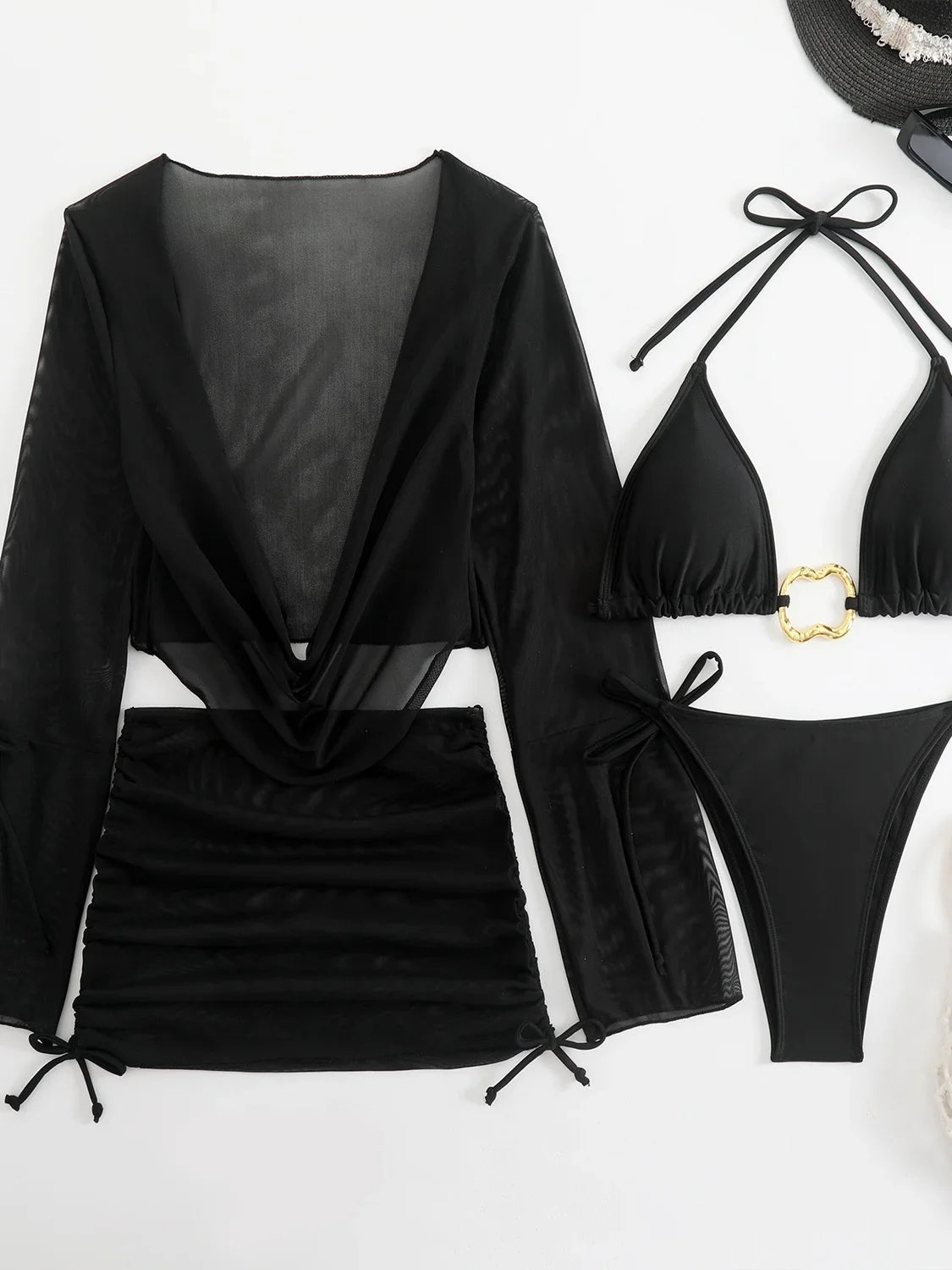 Sexy White Black 4 Piece Bikinis Sets Women Long Sleeve Mesh Cover Up Skirt Swimsuit Beach Bathing Suit Holiday Swimwear Biquini
