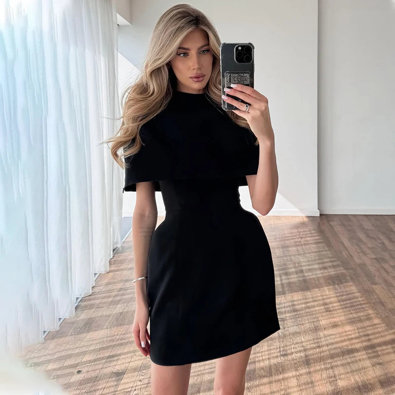 Elegant Waist-Cinching Sleeveless Short Dress Women's Round-Neck Short Cape Birthday Dress Banquet Party Dress