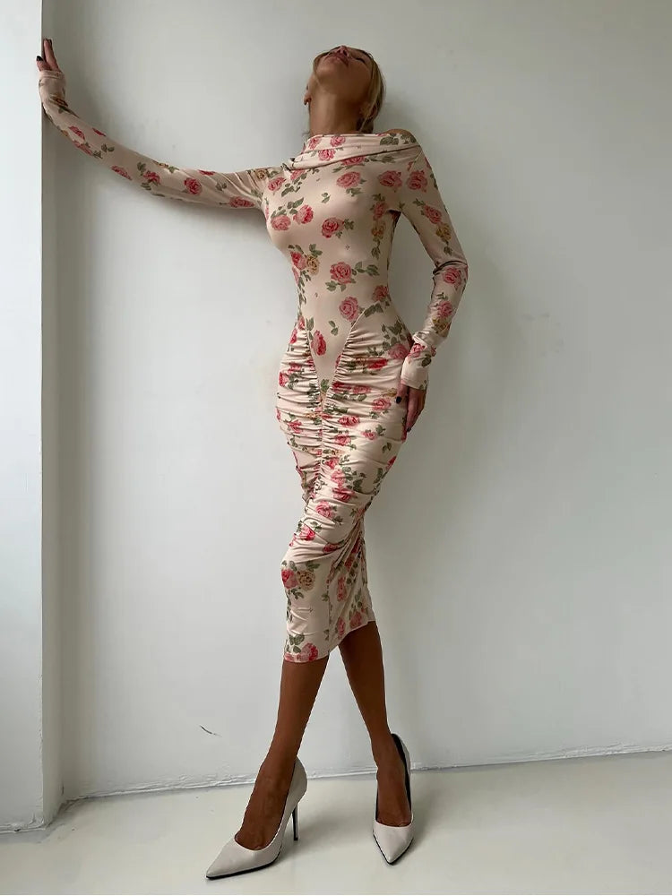 Flower Prints Long Sleeve Slash Neck