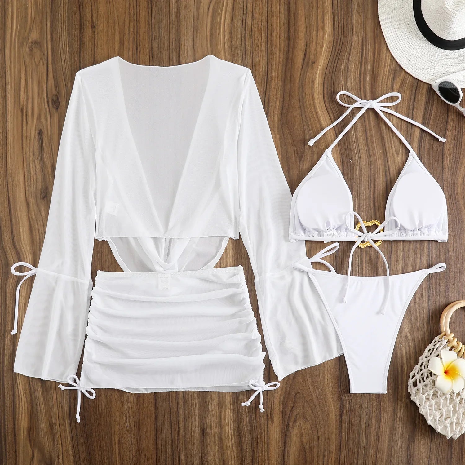 Sexy White Black 4 Piece Bikinis Sets Women Long Sleeve Mesh Cover Up Skirt Swimsuit Beach Bathing Suit Holiday Swimwear Biquini