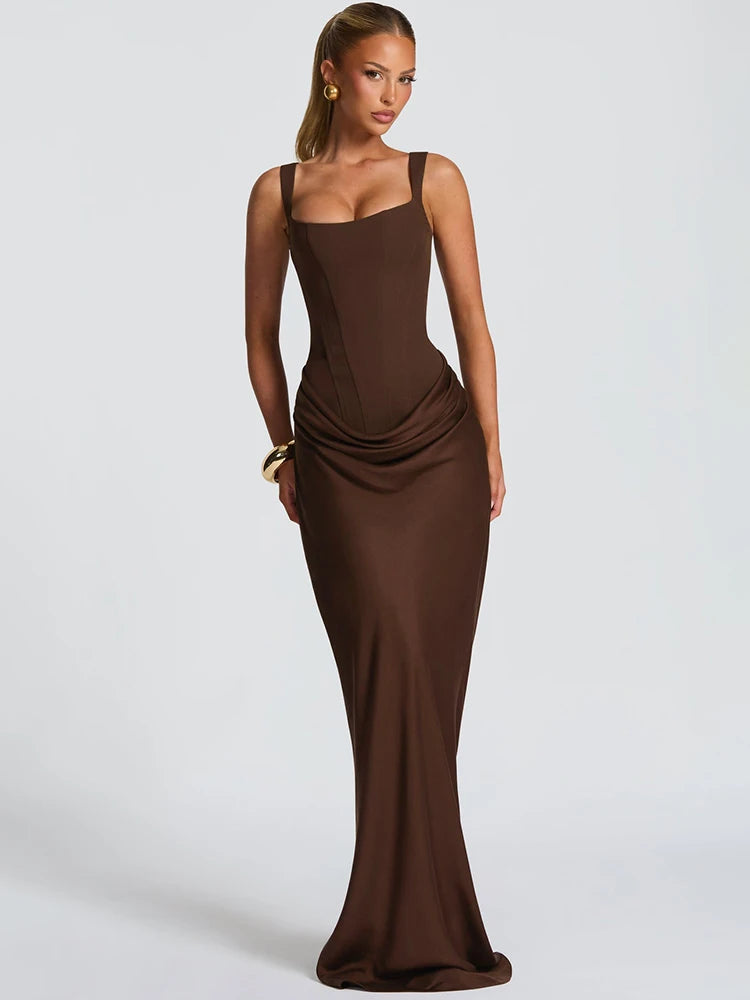 Elegant Square Collar Sleeveless Skinny Ruched Club Party Long Dress