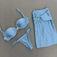 2025 new solid color mesh long skirt split swimsuit swimsuit three-piece set bikini