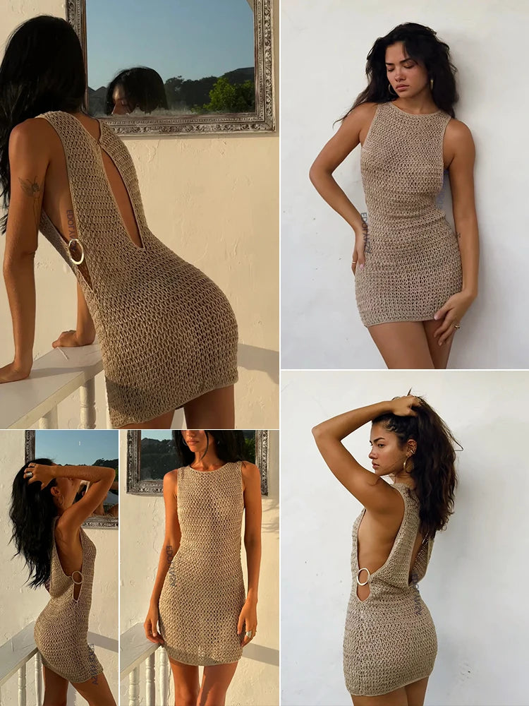 2026 Summer Sexy One Neck Cut Out Circle Decoration Corset Slim Beach Mini Dress Women Seaside Beachwear Swimwear Cover Up A2796