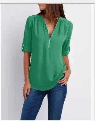 Women Cool Loose Shirt Deep V Neck Chiffon Fashion Blouse Casual Ladies Tops Sexy Zipper Pullover Plus Size