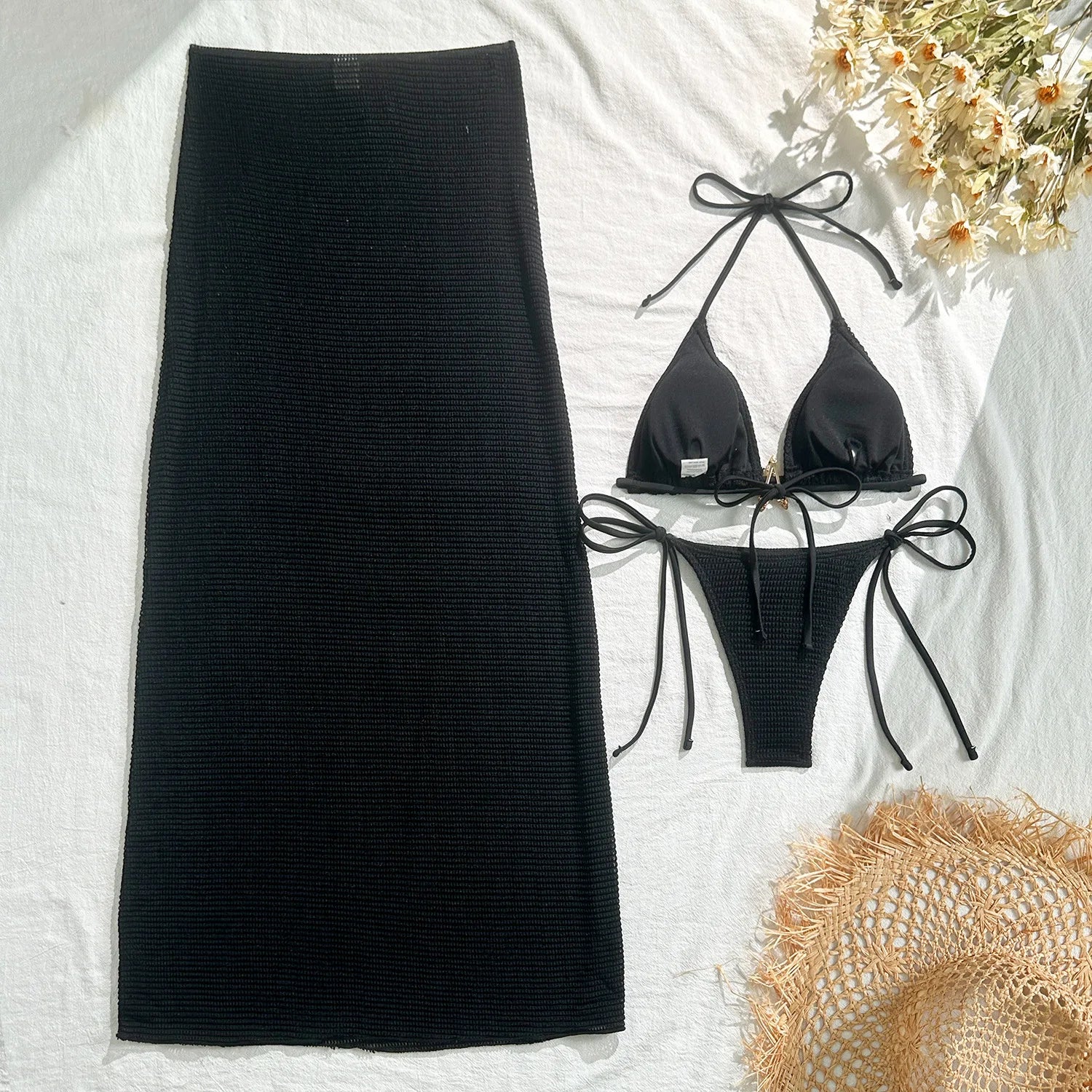 2025 new solid color mesh long skirt split swimsuit swimsuit three-piece set bikini