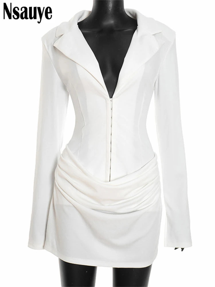 Elegant Evening Short Dress Women Fall Long Sleeve Sexy Fashion Night Club Party White Mini Wrap Corset Dress