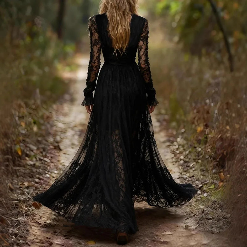 New Deep V Neck Embroidery Lace Woman Dress Spring Hollow Out High Waist Crochet Dresses Autumn Flare Sleeve Jacquard Long Dress