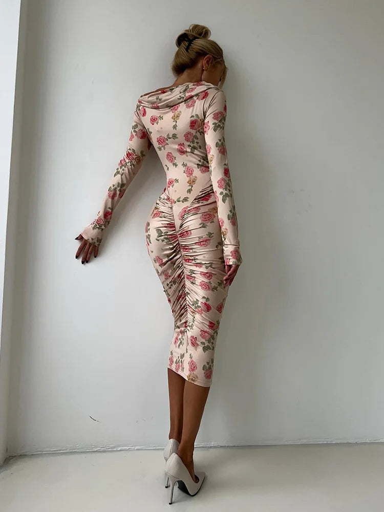 Flower Prints Long Sleeve Slash Neck