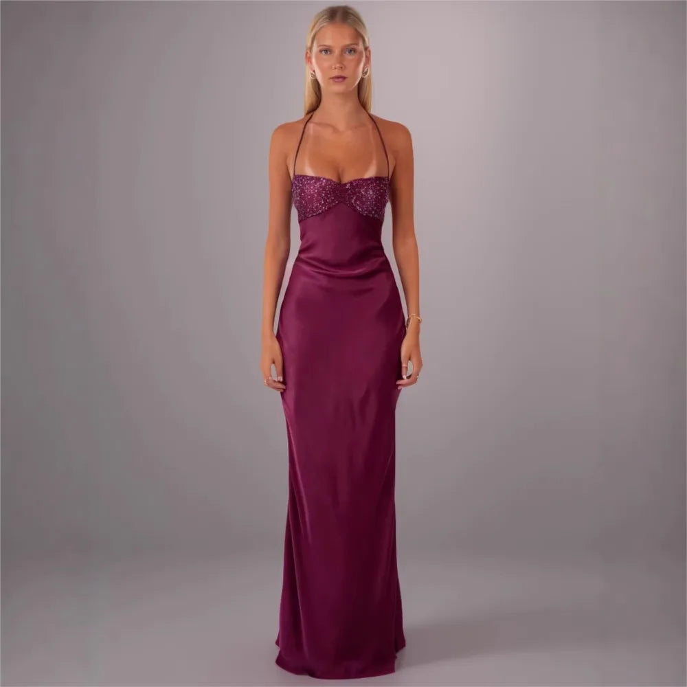 Sequin Vestidos Solid Color Backless Strappy Hip Evening Dress Elegant Simple Style