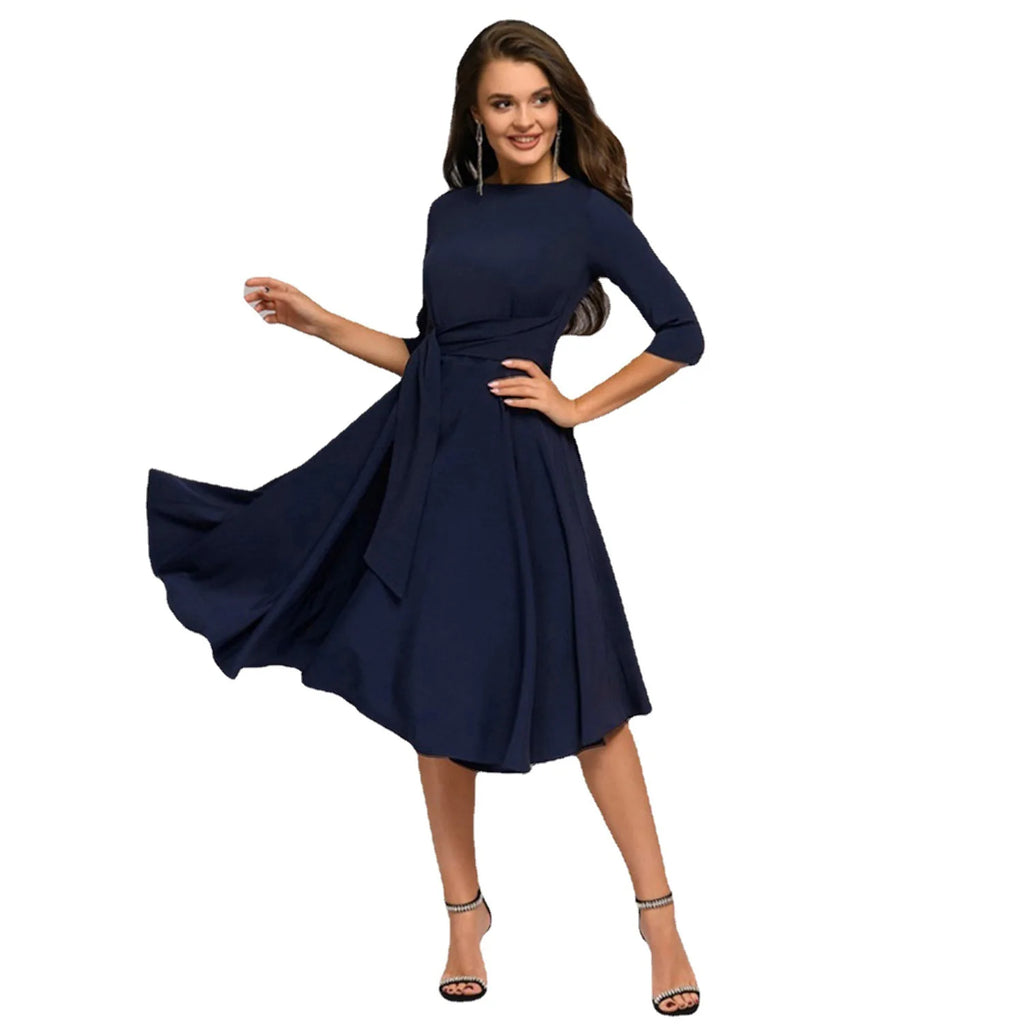 A-Line Swing Knee-Length Short Sleeve Belt Waist Retro Skirts Round Neck Waist Tie Lace-up Maxi Dress
