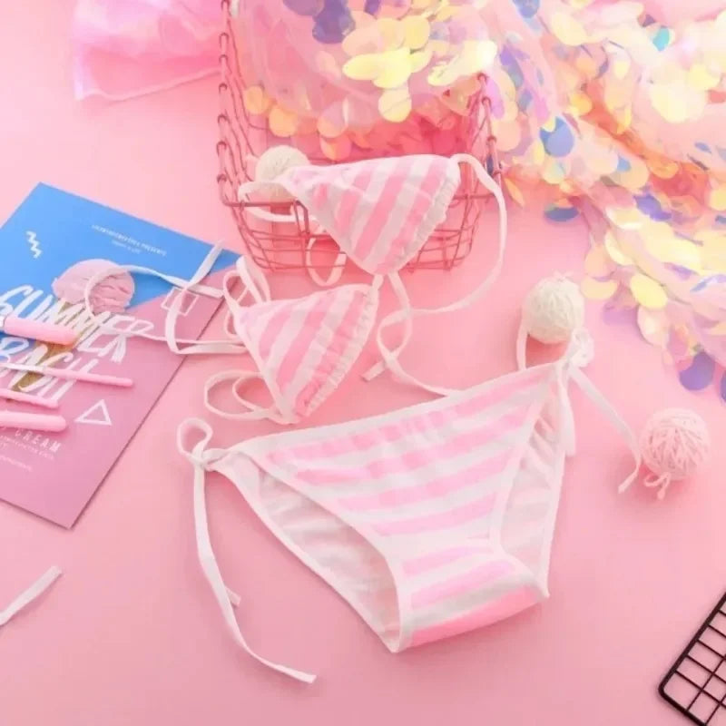 Japan Sexy Lingerie Lolita Kawaii Blue Pink White Striped Mini Bikini Adult Cosplay Women  Bra Underwear Frenum Swimsuit Set