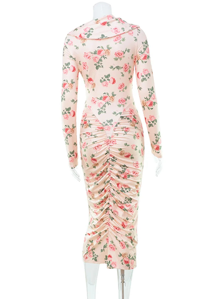 Flower Prints Long Sleeve Slash Neck