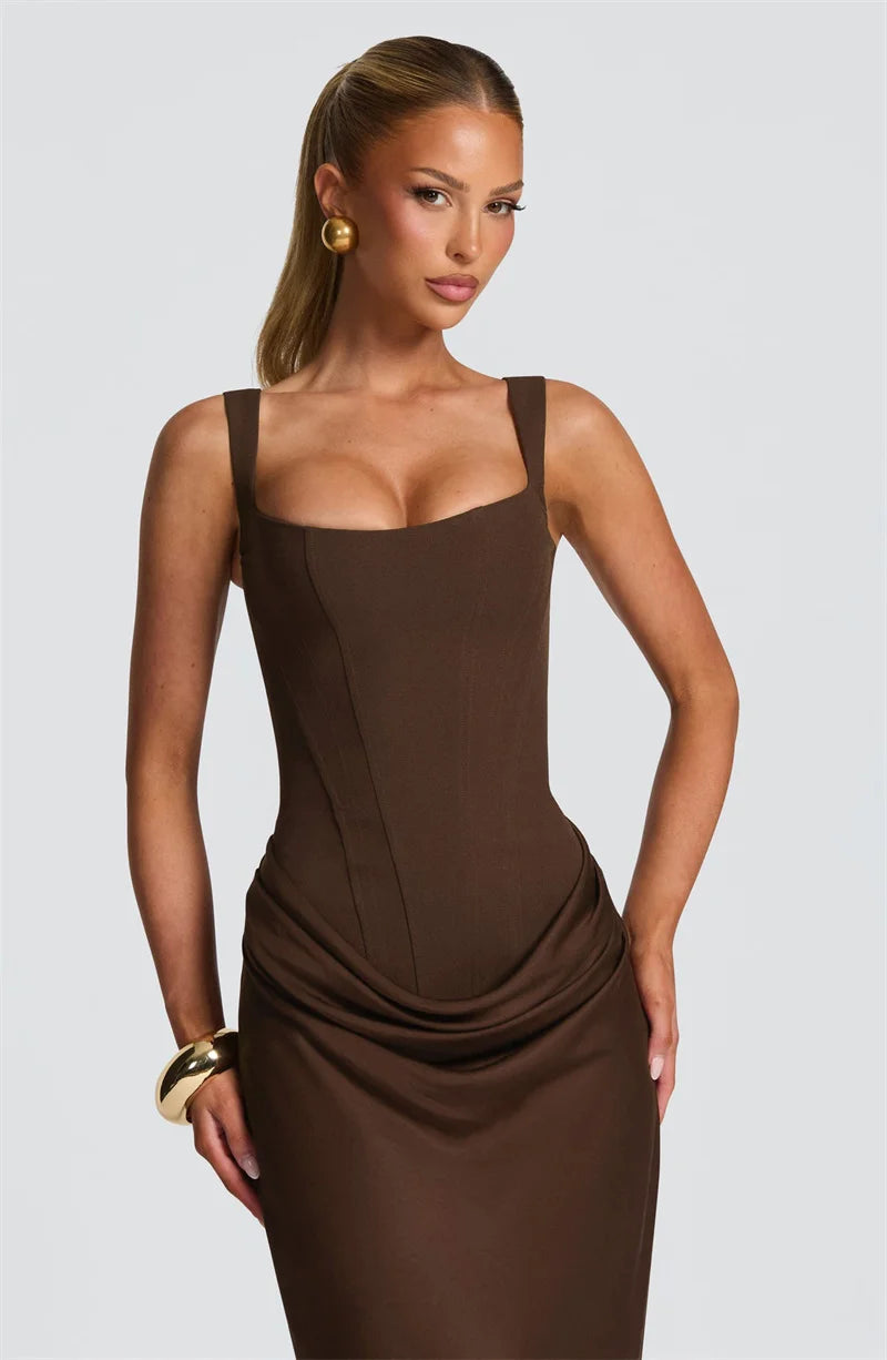 Elegant Square Collar Sleeveless Skinny Ruched Club Party Long Dress