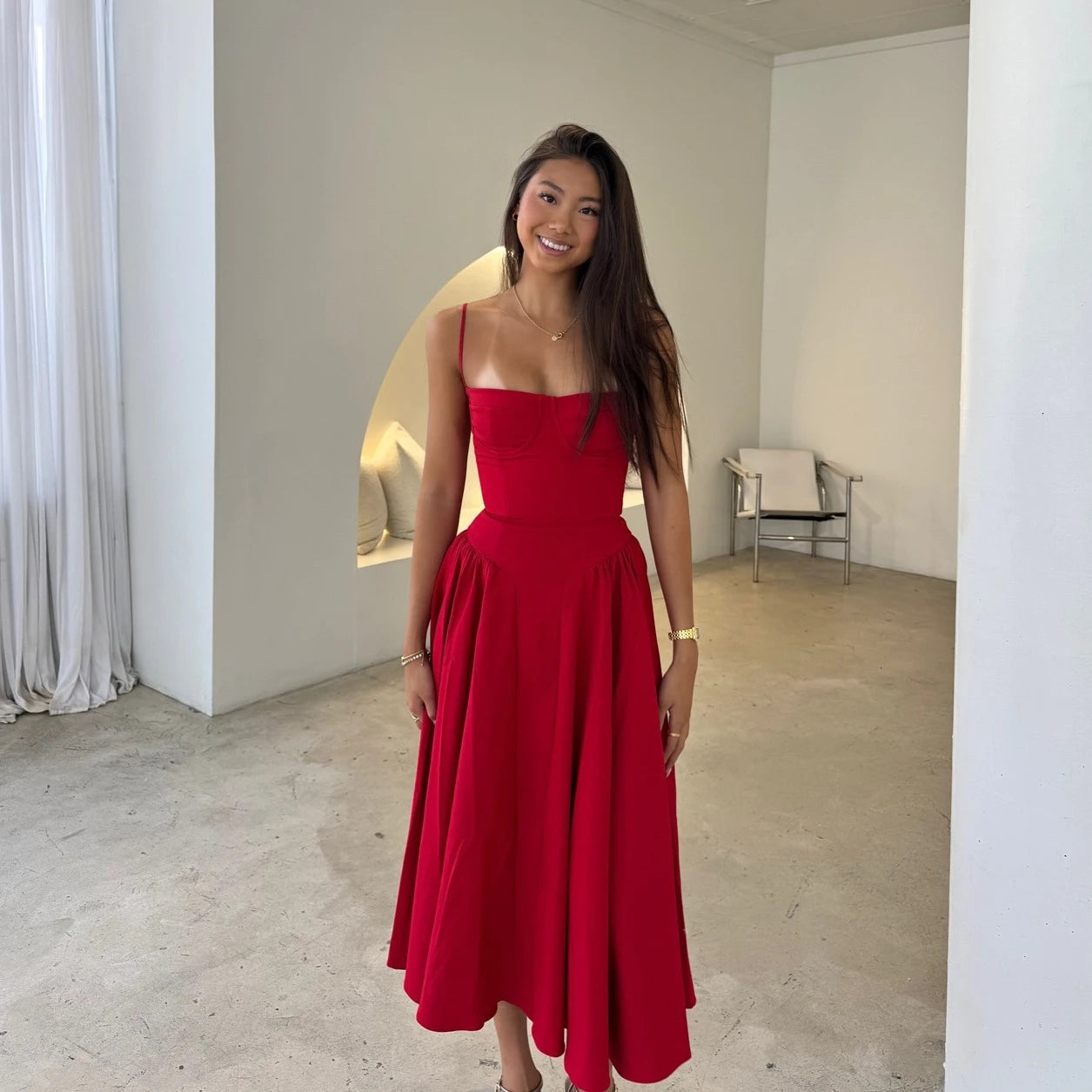 Elegant Midi Dress Red Night Date Dress