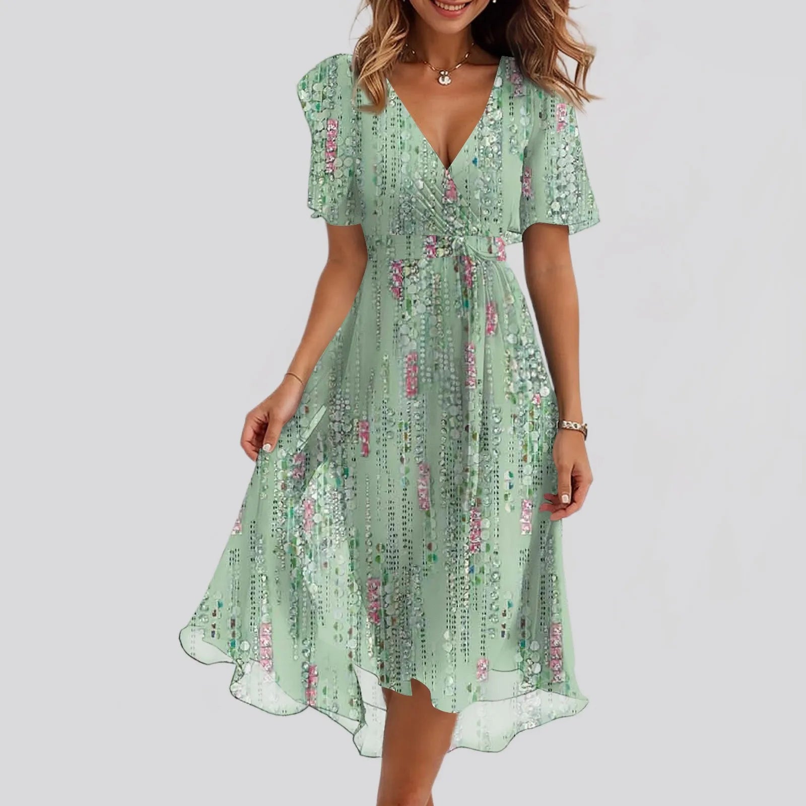 Daily Casual Fashion Wrinkles V-Neck Waist Cinching A-Line Zipper Dress Lightweight Comfy Vacation Dress