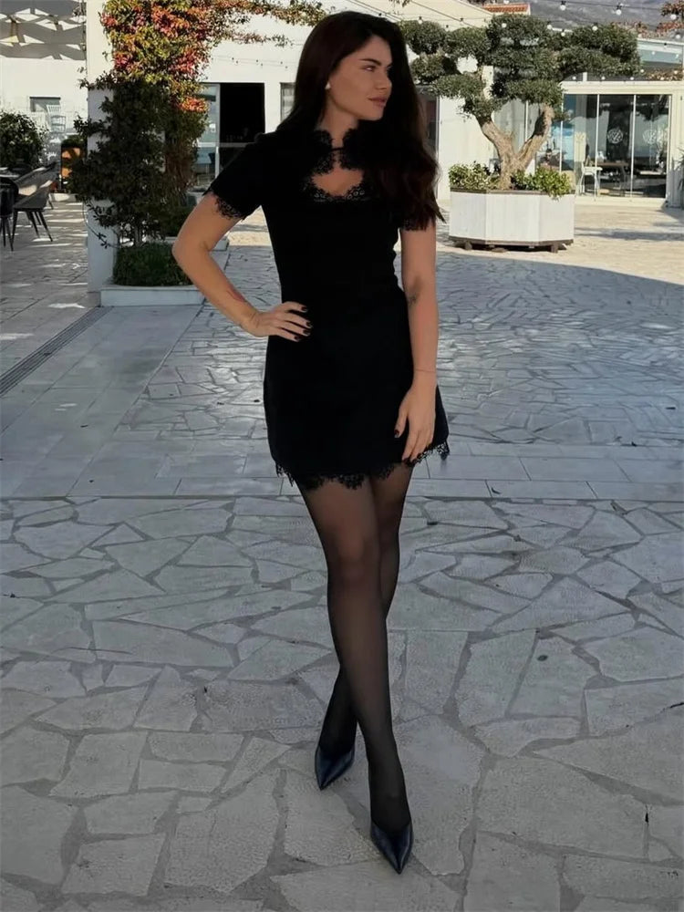 Black Lace Hollow Out Mini Dress